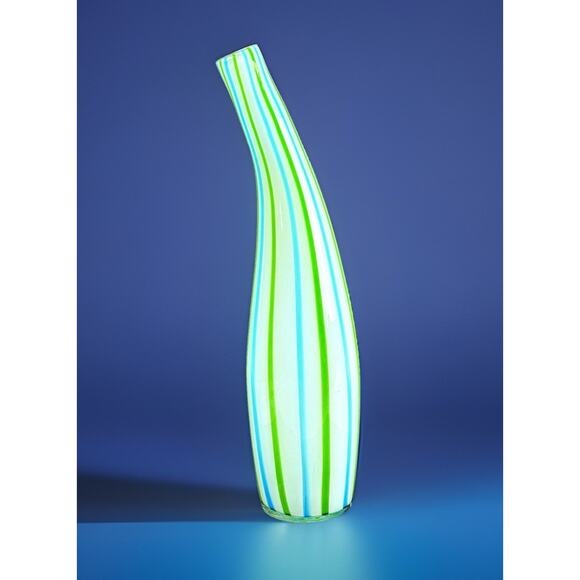 Hand Blown Art Glass Vase 13.5” Blue Green White Ribbon Stripe Murano Style - Picture 1 of 9